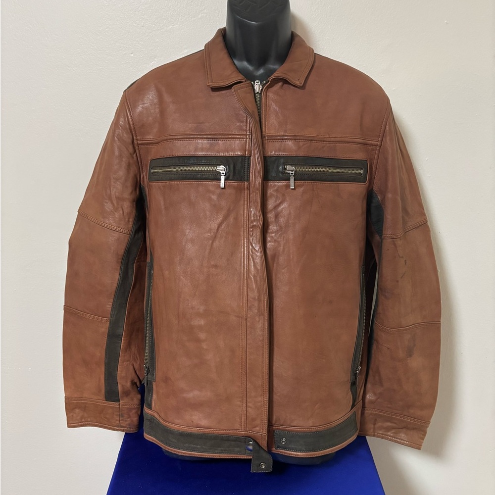 Brown Military Field Jacket with Genuine Leather and Zip Closure